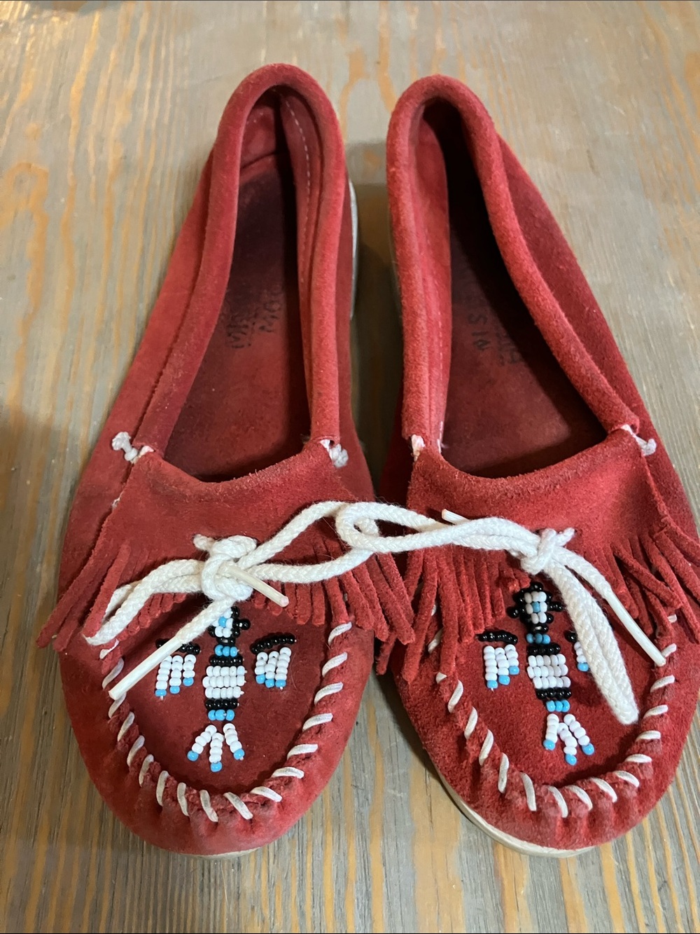 Minnetonka Red Suede Beaded Fringe Moccasins